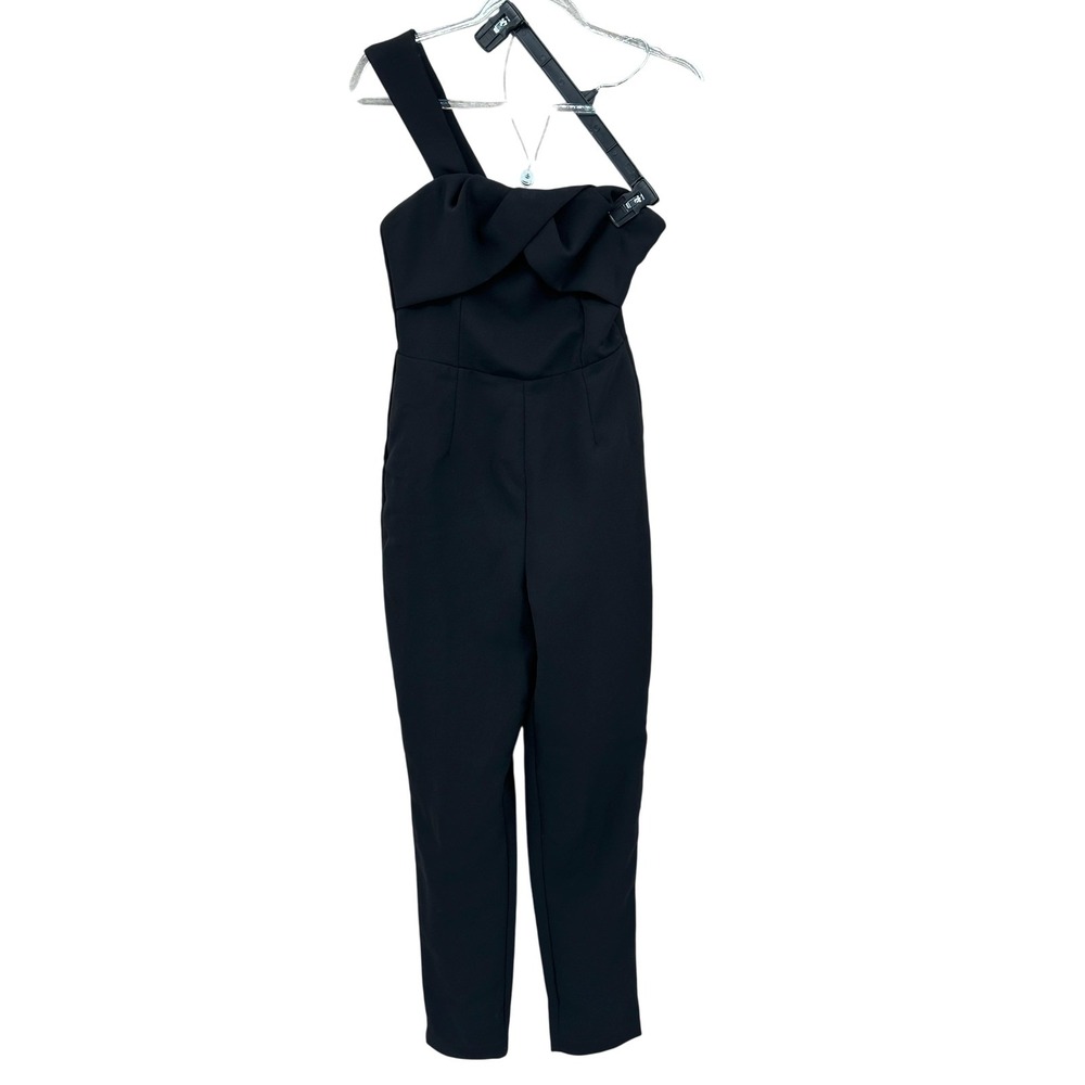 Adelyn Rae Jumpsuit Womens XS Black One Shoulder Ruched Pockets Going Out Party
